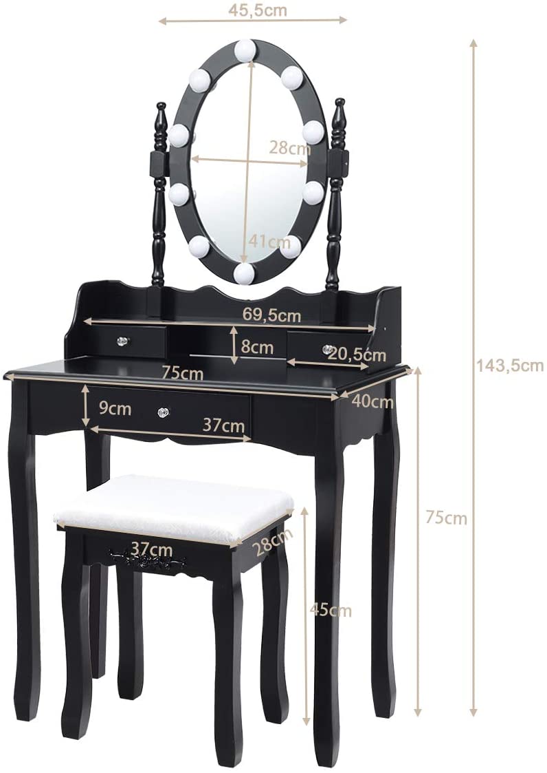 Kaptafel met verlichte ovale spiegel, make-up tafel met 10 LED-lampjes en 3 lades, ijdelheid make-up tafel met grote tafelblad en gedempte kruk, 360° roterende spiegel (Zwart)