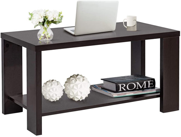 Houten salontafel, 2-laags rechthoekige cocktailtafel met open opbergplank, 80 x 40 x 42 cm (Koffie)