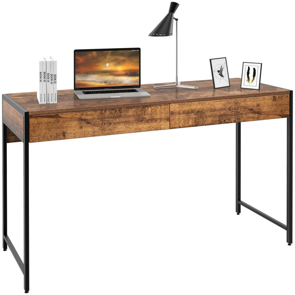 Kantoorbureau, Houten schrijftafel, met 2 lades, Computerbureau, Robuust stalen frame, Werkplek meubilair voor thuiskantoor (Antiek)