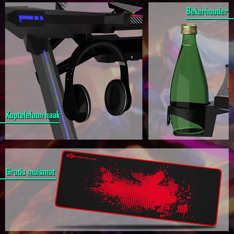 Gaming Bureau, Gamingtafel, Ergonomische race Computer bureau met RGB-lampen, 120cm  Z-vorm ,zwart