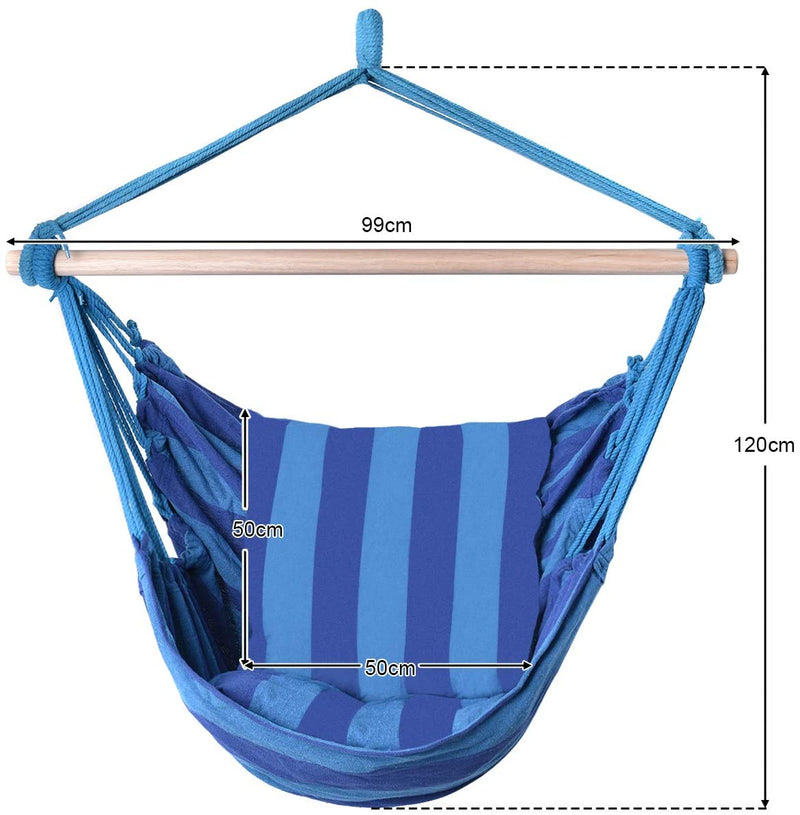 Hangstoel, opknoping touw schommel zitplaats met 2 kussens, max 150kg (Donkerblauw)