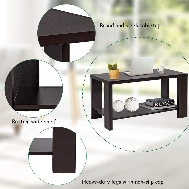 Houten salontafel, 2-laags rechthoekige cocktailtafel met open opbergplank, 80 x 40 x 42 cm (Koffie)