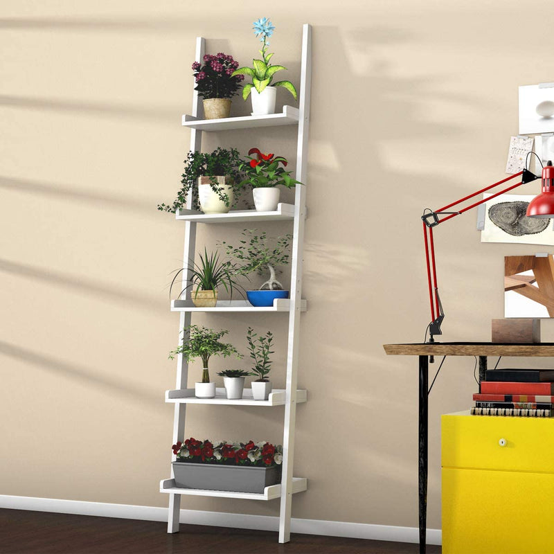 Ladder plank, 5 laags muur-Leunende boekenplank Ladder boekenkast, (Wit)