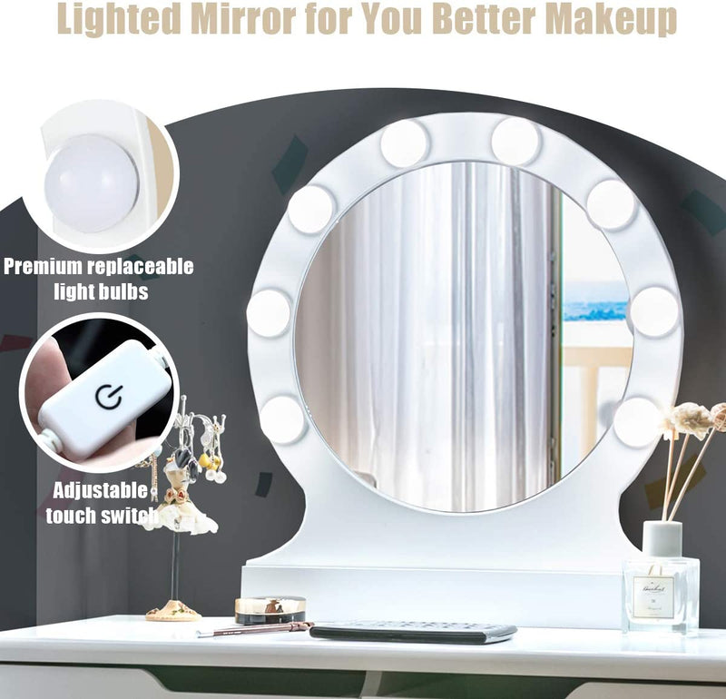 Kaptafel met 8 LED-lampen en aanraakschakelaar regelbare helderheid, kaptafel met spiegel, make-up tafel met 2 schuifladen, grote ronde spiegel, gedempte kruk, voor slaapkamer (Wit)