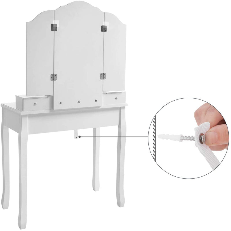 kaptafel met opklapbare spiegel en 5 laden, cosmetische tafel met uitneembare make-up organizer, met krukje, wit RDT28WT