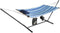 Hangmat met standaard, stevige stalen hangmat frame tot 150 kg, geweven katoenen hangmat stoel met kussen, bekerhouder en tas, binnen en buiten, eenvoudig te monteren, 345 x 92,5 x 125 cm