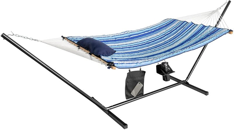 Hangmat met standaard, stevige stalen hangmat frame tot 150 kg, geweven katoenen hangmat stoel met kussen, bekerhouder en tas, binnen en buiten, eenvoudig te monteren, 345 x 92,5 x 125 cm