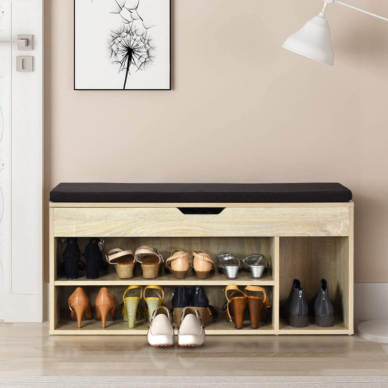 Schoenenbank, houten schoenen opbergbank met kussen, schoenenrek bank met opheffen bovenste compartiment, 104 x 30 x 48cm (Natuurlijk)