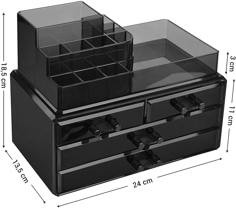 Make-up Organizer, cosmetica organizer met 4 lades en 11 vakken in verschillende maten, anti-slip inzetstukken, voor make-up en juwelen, zwart JKA001BK