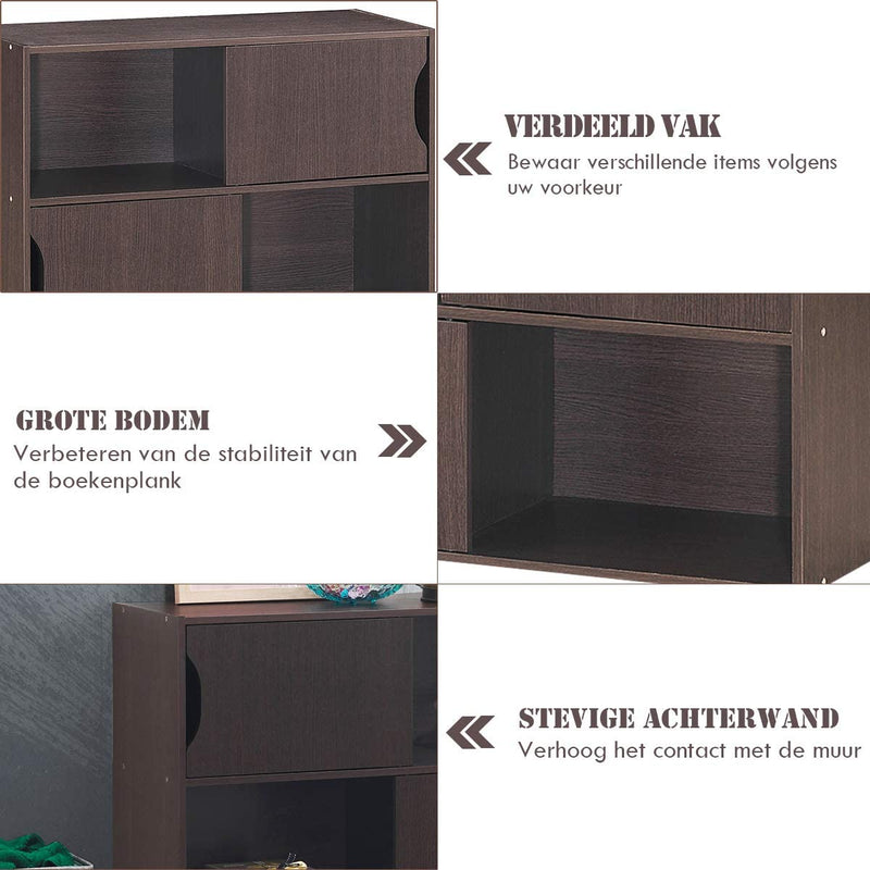 3-laagse plank met 3 deuren, 3-kubus boekenkast met gehumaniseerde gegroefde handgrepen, gescheiden compartimenten