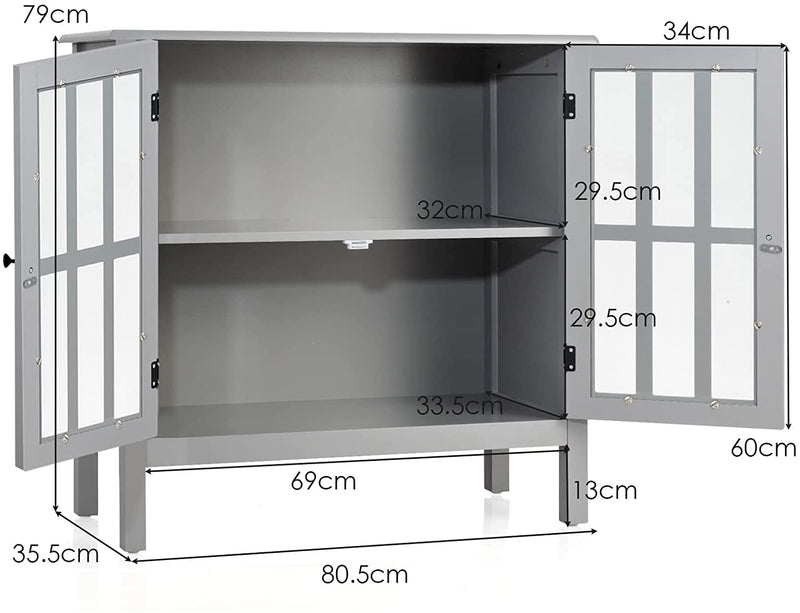 Dressoir, opbergkast met glazen deur, consoletafel keukenkast zijkast, commode  80,5 x 35 x 78 cm (Grijs)