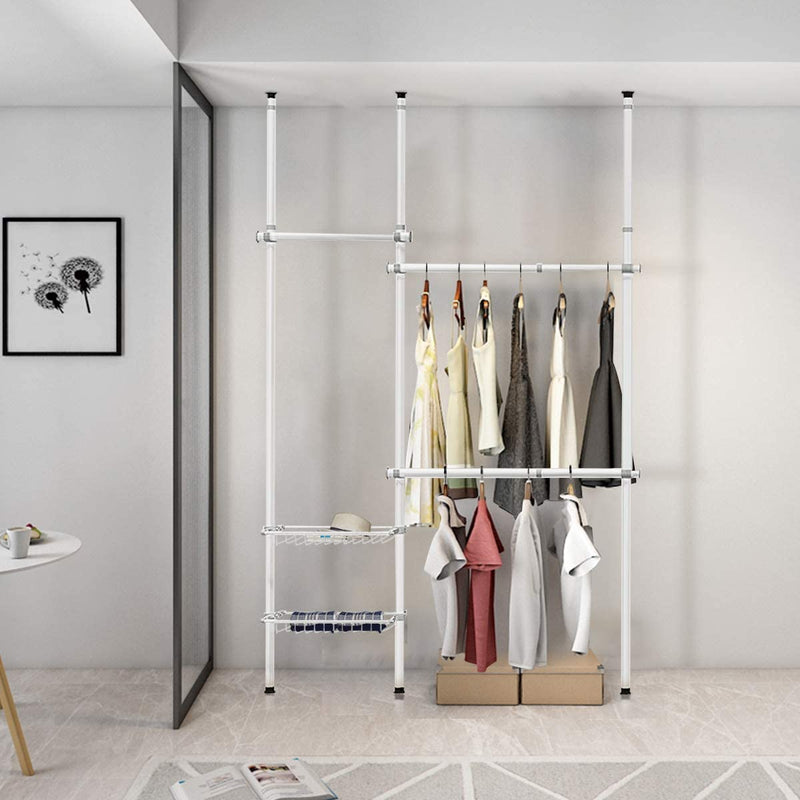 Economie Uit bank Verstelbare kledingrek, vloer tot plafond klerenrailsysteem met opberg –  Luxgoods