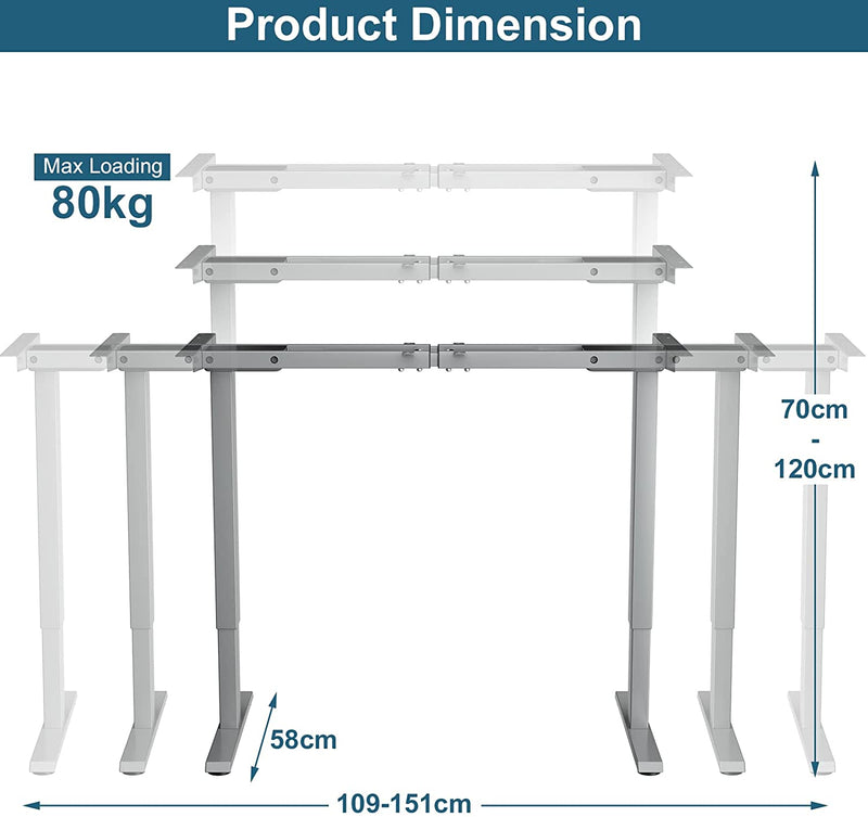 Elektrisch zit/sta bureau frame, 70-120 cm in hoogte verstelbaar, dubbel motoren, 3 geheugenbediening,  ergonomisch zit sta werkstation  (Grijs)