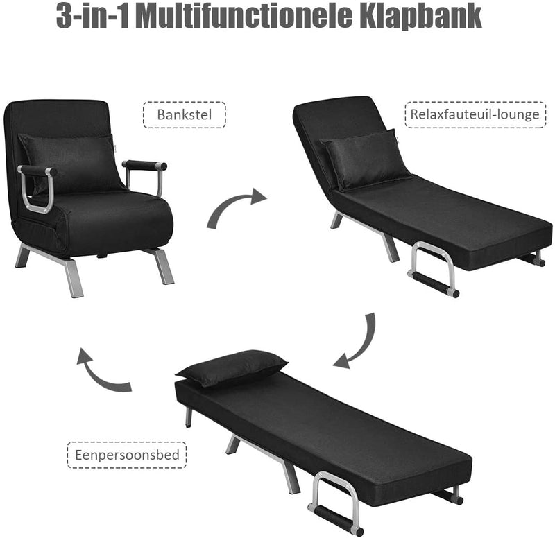 slaapbank, met 5 posities verstelbare rugleuning, opklapbare armleunstoel, gestoffeerde zitting, vrije tijd relaxfauteuil, met kussen, ideaal voor thuiskantoor (Zwart)