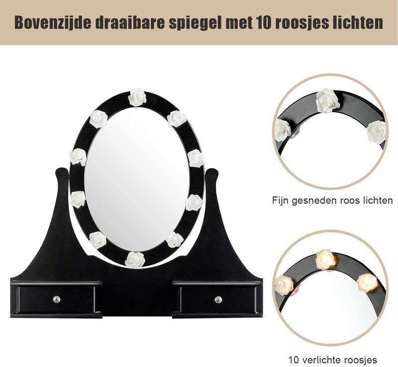 Kaptafel met 10 plastic roze-vormige LED-lampjes, 360° roterende ovale make-up spiegel, 3 lades kaptafel met gedempte kruk, make-uptafel voor slaapkamer (Zwart)