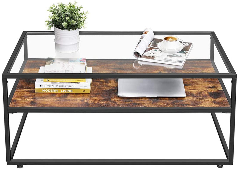 salontafel, salontafel met glazen oppervlak, glazen tafel, , vintage bruin-zwart LCT30BX