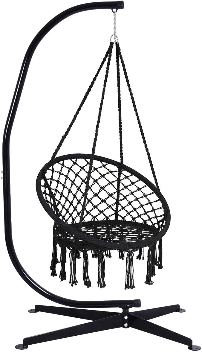 Hangstoel, katoenen touw macrame hangende schommelstoel voor woonkamer, tuin, balkon, scandinavische stijl, capaciteit van 150 kg (Zwart