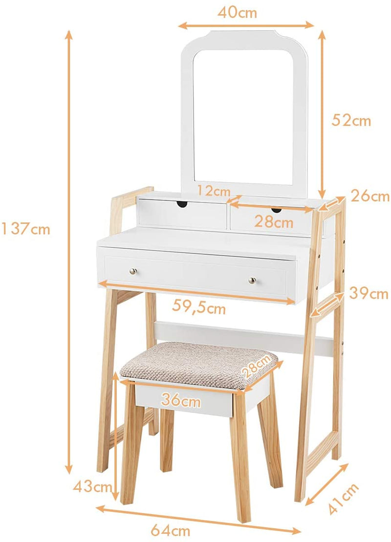 kaptafel set, make-up Ijdelheidstafel met 3 lades en 2-laags tafelblad, Cosmetische organisator met grote spiegel en gedempte kruk, slaapkamer- en studeerkamer meubilair voor vrouwen en meisjes