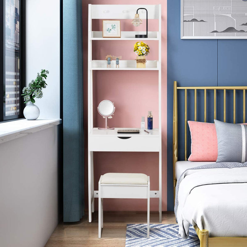 Kaptafel set met openen bovenkant spiegel, make-up tafel set met 3 haken & 2 opbergplank, 6 verwijderbare organizers, make-up tafel en kruk set met gedempte kruk, eenvoudige montage