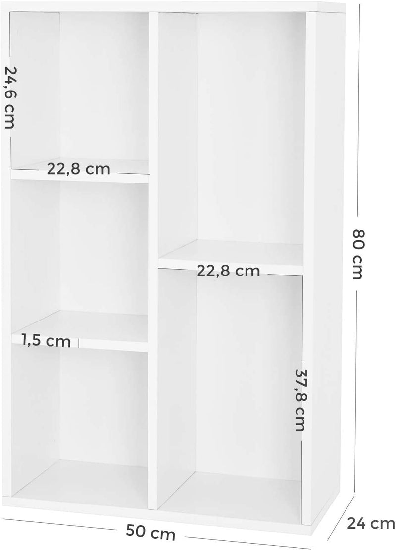 Boekenplank, vloerstaand, met 5 vakken, voor woonkamer, studeerkamer, kinderkamer, kantoor, als ruimteverdeler, 50 x 24 x 80 cm, wit LBC25WT