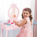 Kinderen kaptafel set, Princess kaptafel en stoel set, make-up kaptafel met lade en kussentje, kaptafel met echte spiegel voor kleine meisjes (Roze)