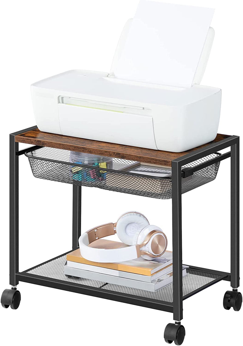 Printtafel, printerstandaard met roosterlade, rolbare printerwagen 2 niveaus, eenvoudig te monteren, geschikt voor kantoor, school, thuis EBF12PS01