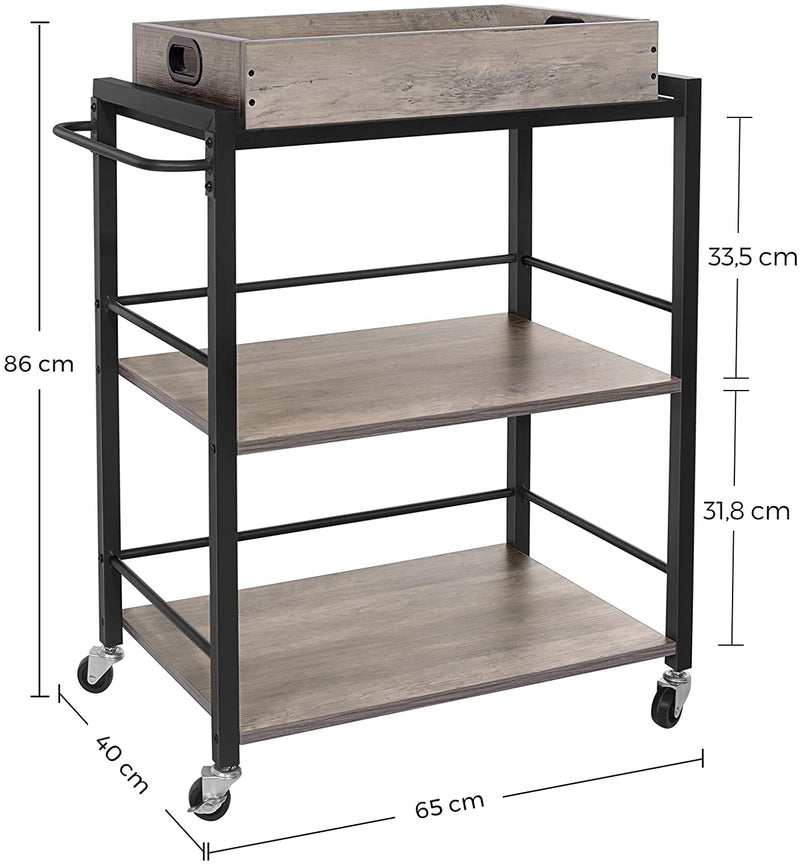 Serveerwagen met afneembaar dienblad, afsluitbare keukentrolley met universele wielen, keukenrek, 65 x 40 x 86 cm, stabiel metalen frame, industrieel design, grijge-zwart LRC072B02