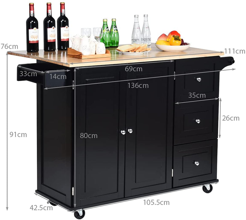 keukenrolley, keukenwagen, keukeneiland met kruidenrek, handdoekenrek, lade en slagerijblok, (Zwart)