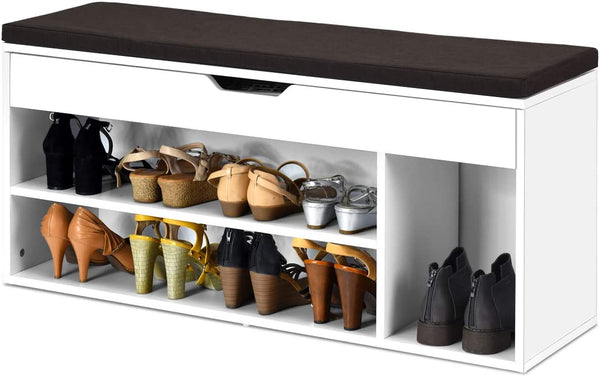 Schoenenbank, houten schoenen opbergbank met kussen, schoenenrek bank met opheffen bovenste compartiment, 104 x 30 x 48cm (Wit)