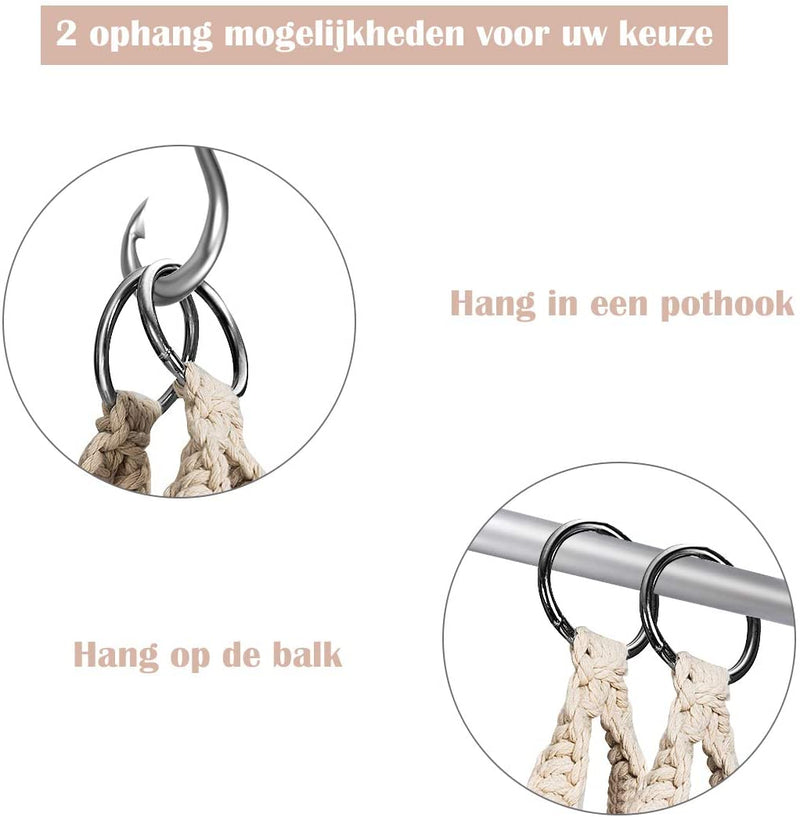 Hangstoel macrame schommelstoel, hangende katoenen touw stoel met kwastjes, maximaal 160kg  (kussens niet inbegrepen) (Beige)