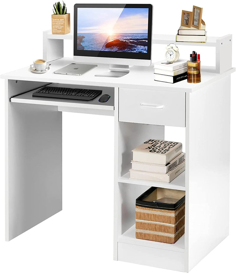 bureau, computer bureau, smalle kantoortafel, schrijfbureau met opslag lade, planken en uittrekbare toetsenbord lade, thuis kantoormeubilair studeer werkplek, 90 x 48 x 91,5cm (Wit)