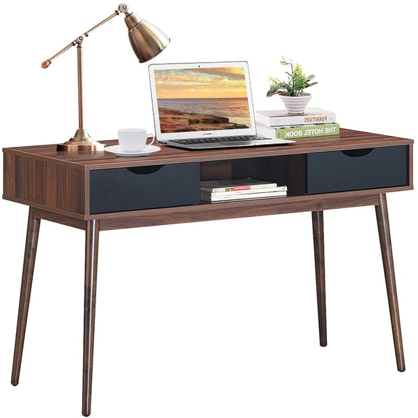 Computer bureau voor thuiskantoor, Natuurlijke Mid-eeuwse schrijftafel met 2 lades, Ergonomische hoogte, Ruim bureaublad, Stevige constructie