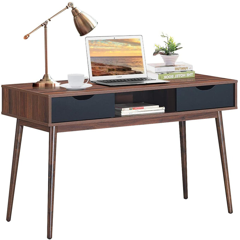 Computer bureau voor thuiskantoor, Natuurlijke Mid-eeuwse schrijftafel met 2 lades, Ergonomische hoogte, Ruim bureaublad, Stevige constructie