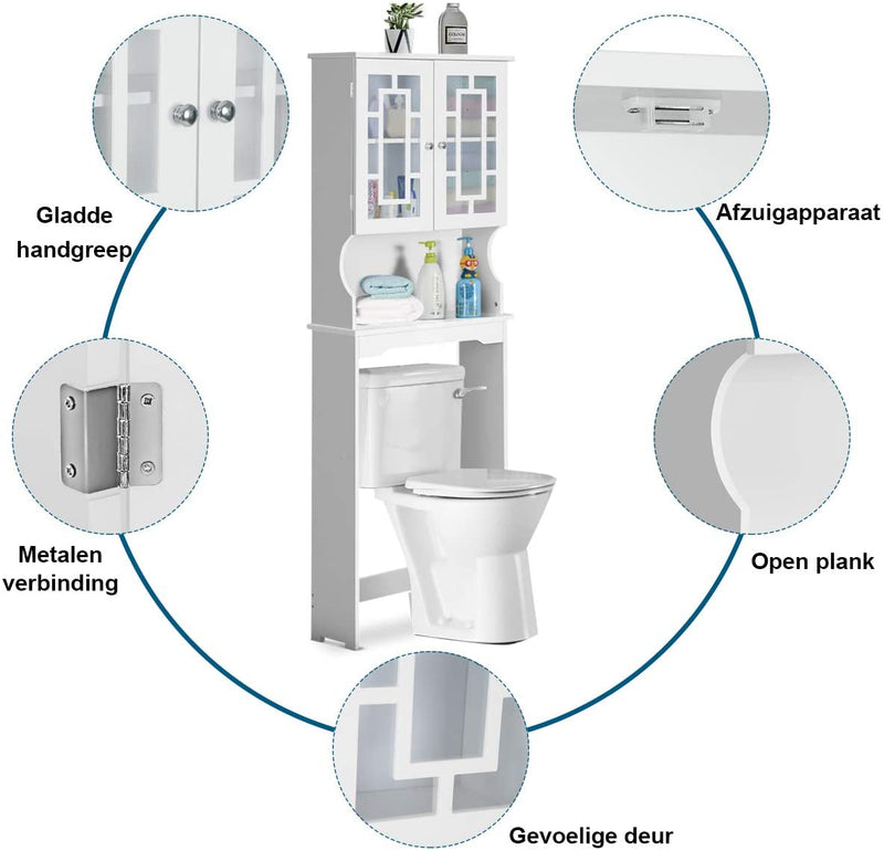 badkamerkast ruimte boven het toilet, badkamer organisator met 3 planken, met 2 deuren (wit)