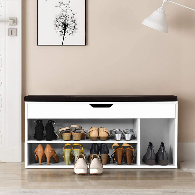 Schoenenbank, houten schoenen opbergbank met kussen, schoenenrek bank met opheffen bovenste compartiment, 104 x 30 x 48cm (Wit)