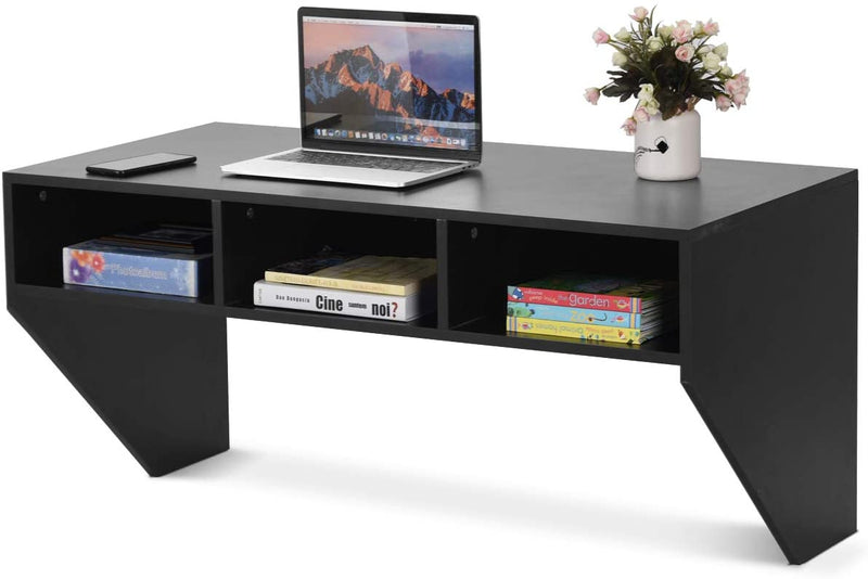 Muur gemonteerd zwevend computerbureau, hout PC werken studietafel computertafel bureau met 3 opbergplanken voor slaapkamer, woonkamer, 108 x 53 x 52cm (Zwart)