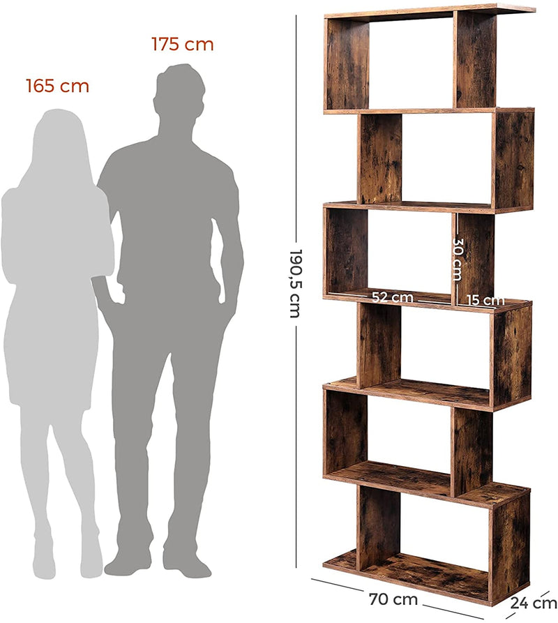 Boekenkast, met 6 niveaus, vrijstaand,  decoratieve plank, , modern, , vintage bruin