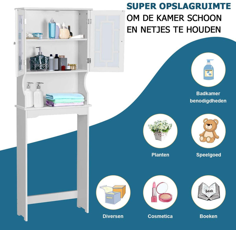 badkamerkast ruimte boven het toilet, badkamer organisator met 3 planken, met 2 deuren (wit)