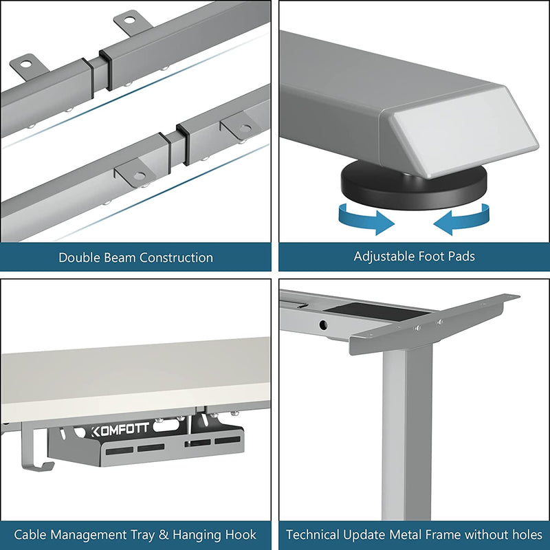 Elektrisch zit/sta bureau frame, 70-120 cm in hoogte verstelbaar, dubbel motoren, 3 geheugenbediening,  ergonomisch zit sta werkstation  (Grijs)