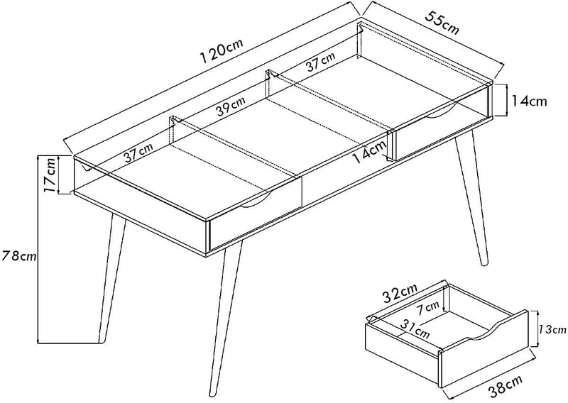 Computer bureau voor thuiskantoor, Natuurlijke Mid-eeuwse schrijftafel met 2 lades, Ergonomische hoogte, Ruim bureaublad, Stevige constructie