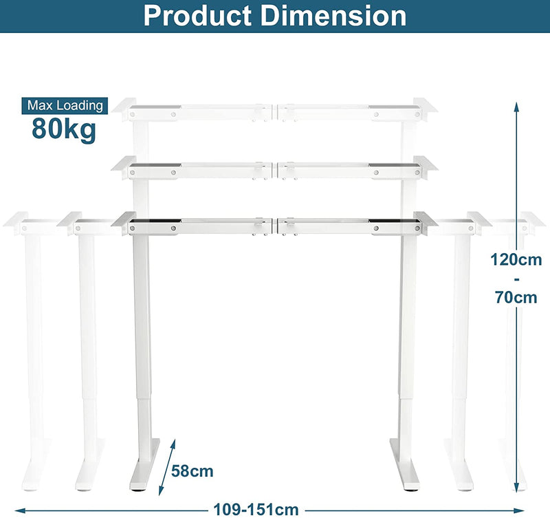 Elektrisch zit/sta bureau frame, 70-120 cm in hoogte verstelbaar, dubbel motoren, 3 geheugenbediening, ergonomisch zit sta werkstation (Wit)