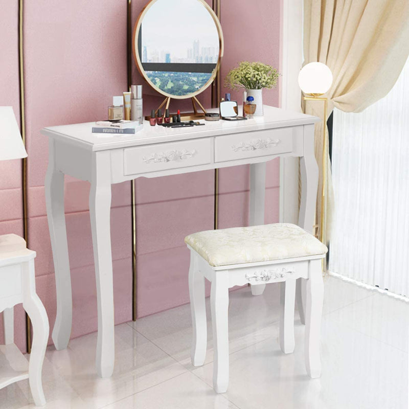 Houten kruk voor make-up, kaptafel stoel, make-up kruk met zacht gevoerde zitting, mooie patronen en delicaat houtsnijwerk, massief houten poten, 100 kg gewichtscapaciteit (Wit)
