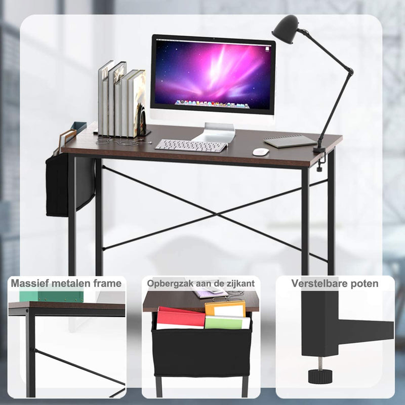 Bureau, computer bureau, 102cm computertafel, PC tafel, bureautafel, kantoortafel met zij-opslagzak, industriële PC-bureau, zwart metalen frame, ideaal voor thuis en op kantoor