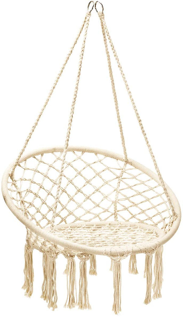 Hangstoel, katoenen touw macrame hangende schommelstoel voor woonkamer, tuin, balkon, scandinavische stijl, capaciteit van 150 kg (Beige)