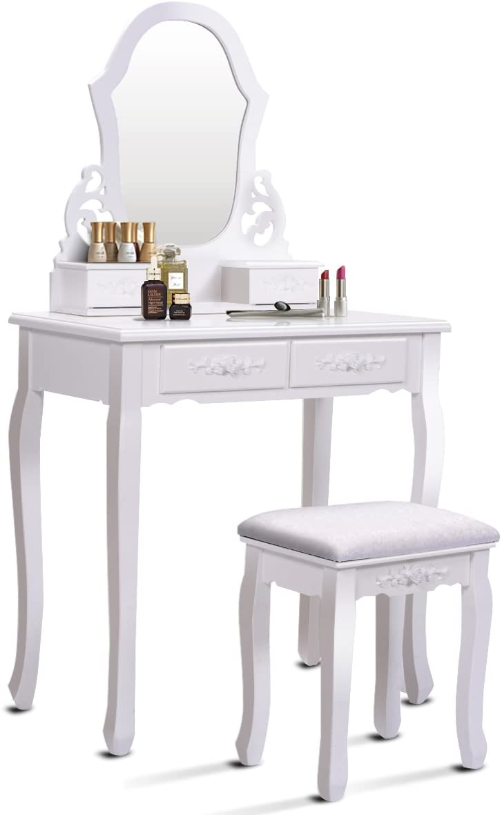 Kaptafel set met spiegel voor make-up Moderne kussens Bank Kruk Slaapkamer Hout Stijl Meubels Top Afneembare multifunctionele schrijftafel Kaptafels voor meisjes (wit, 4 laden)