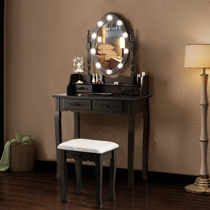 Kaptafel met ovale spiegel en 10 dimbare LED-lampen, klassieke make up tafel met 4 opberg lades in verschillende maten, stabiel schoonheidsstation in grenen houten poot en antislip pootdop (Zwart)