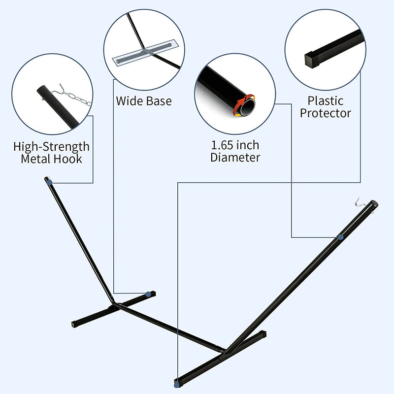 Hangmat met standaard, stevige stalen hangmat frame tot 150 kg, geweven katoenen hangmat stoel met kussen, bekerhouder en tas, binnen en buiten, eenvoudig te monteren, 345 x 92,5 x 125 cm