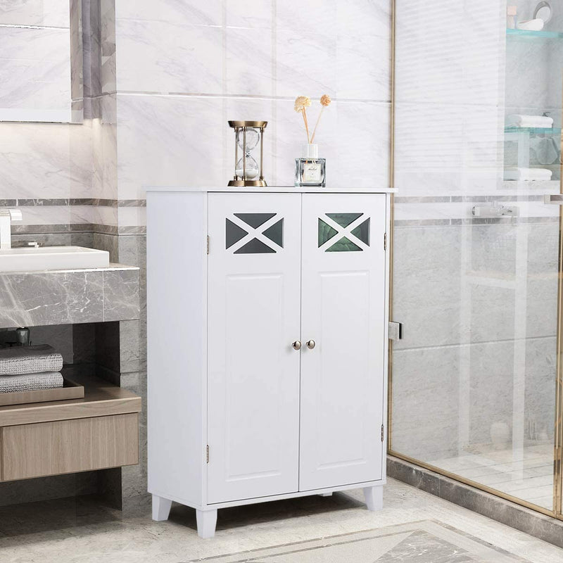 Badkamerkast, keukenkast met dubbele deuren en opbergplanken, houten dressoir  wit