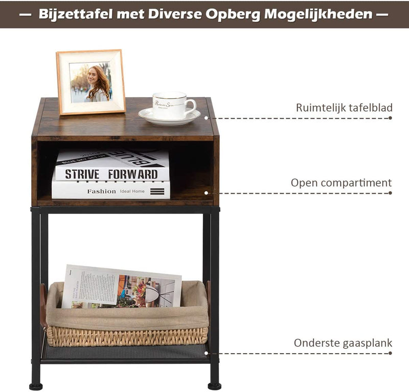 Industrieel nachtkastje , zijtafel met open compartiment en gaasplank, Opslagtafel met metalen frame