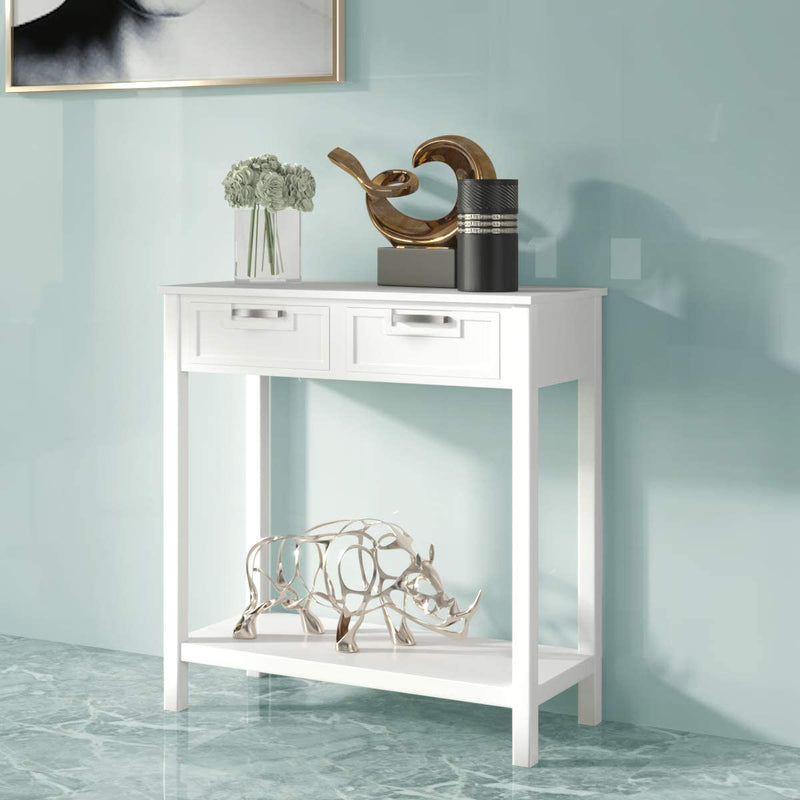 Console tafel,  met 2 lades en onderplank,   Ingangstafel met Massief houten poten